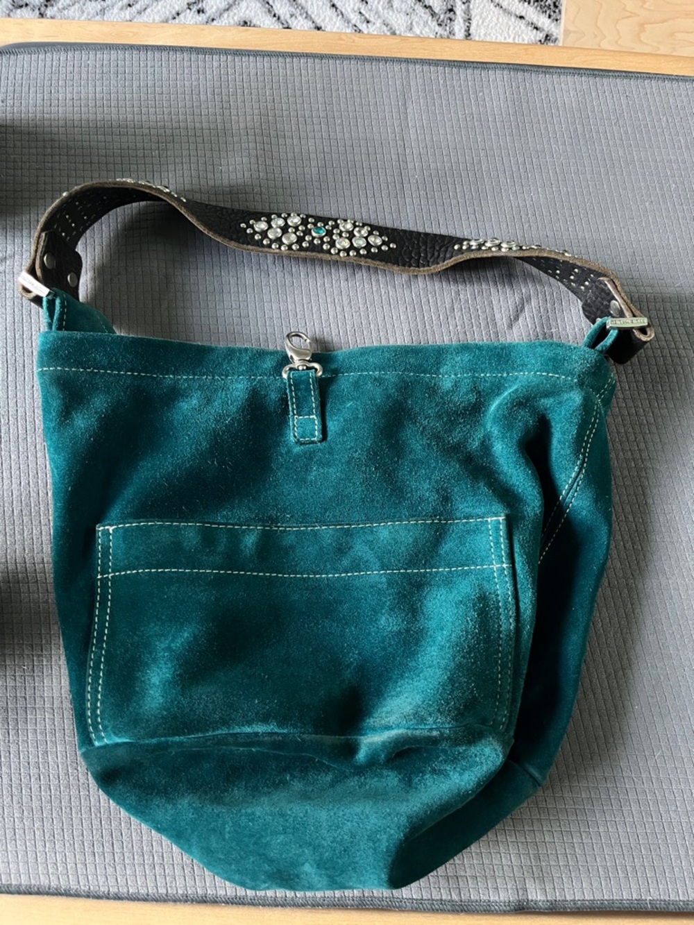 Tylie Malibu Teal Suede Shoulder Bag with Embellished Strap